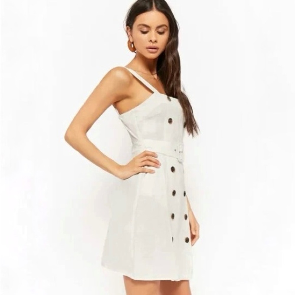 Double Breasted Button-Down Dress White Linen Nautical Sailor Business Mini F21